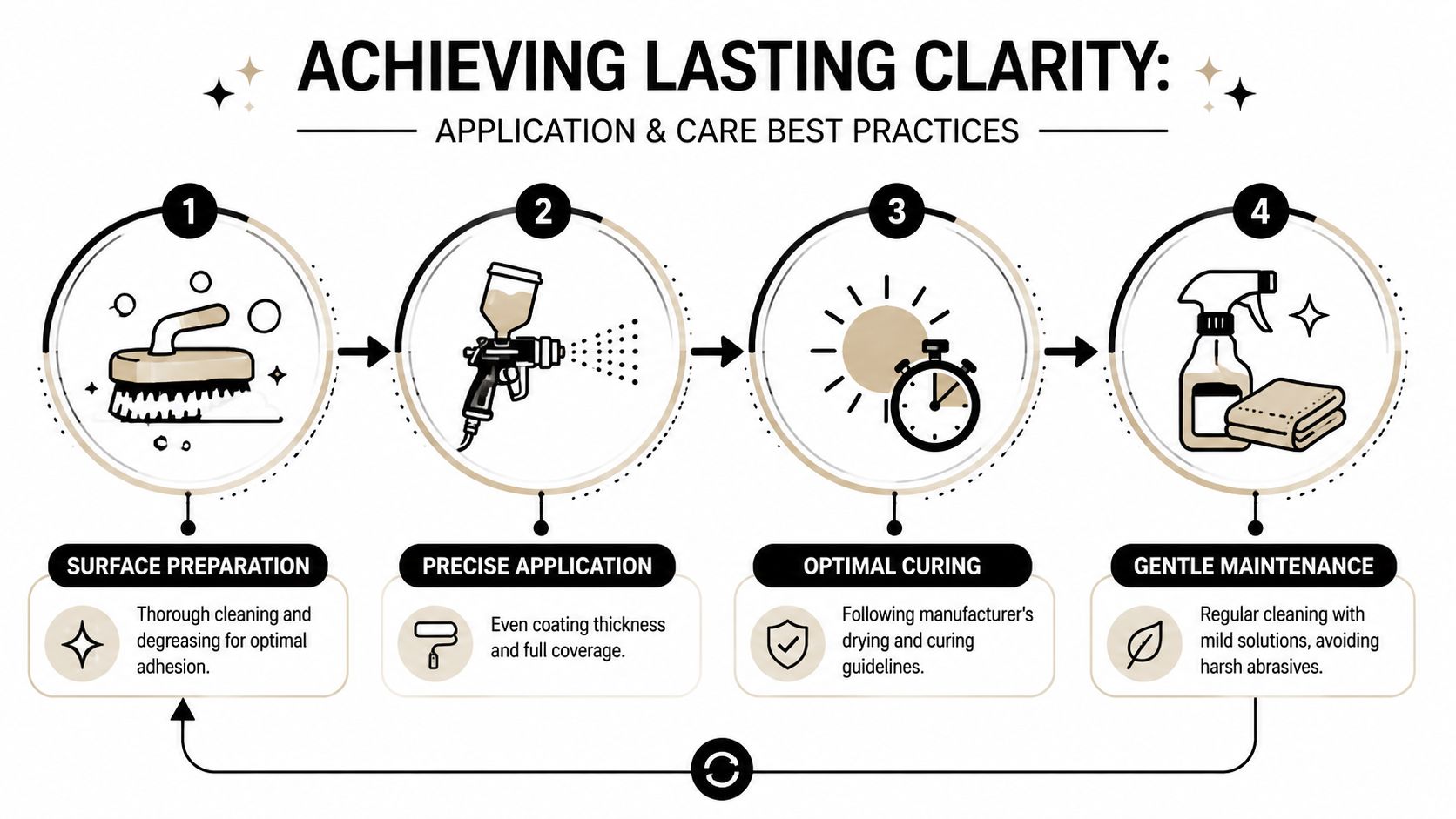 A four-step infographic illustrating best practices for the application and maintenance of UV protective coating for polycarbonate.