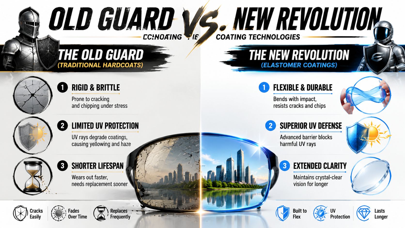 A comparison chart showing the benefits of flexible elastomer lens coatings over traditional rigid hardcoat lens technology.