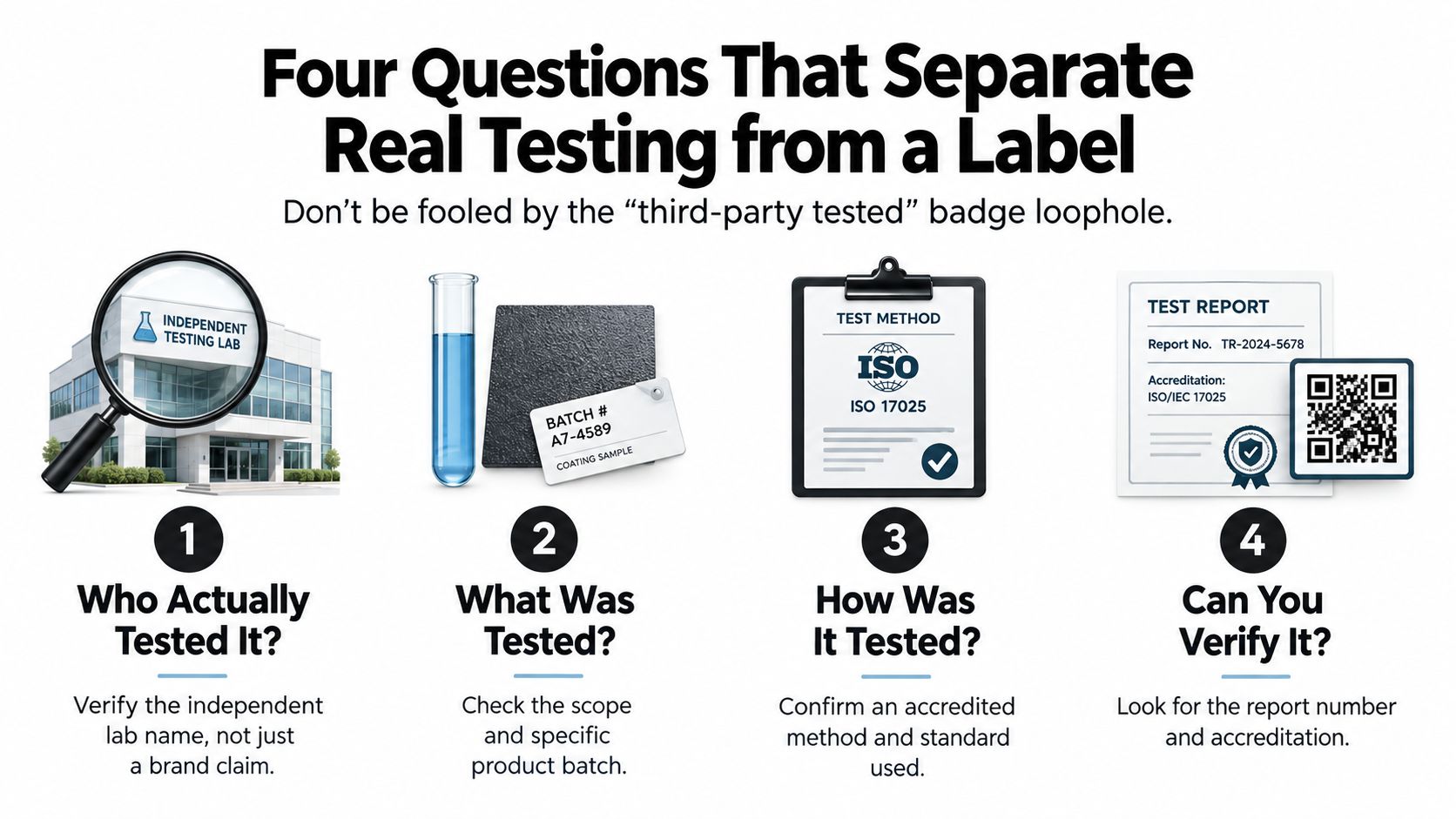 An infographic titled Four Questions That Separate Real Testing from a Label, explaining how to verify product testing.
