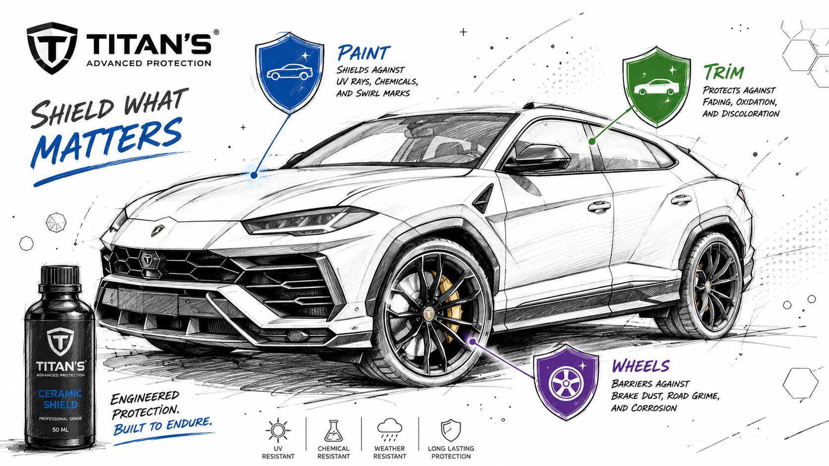 A conceptual illustration showing Titan's ceramic shield paint protection applied to a luxury Lamborghini SUV.