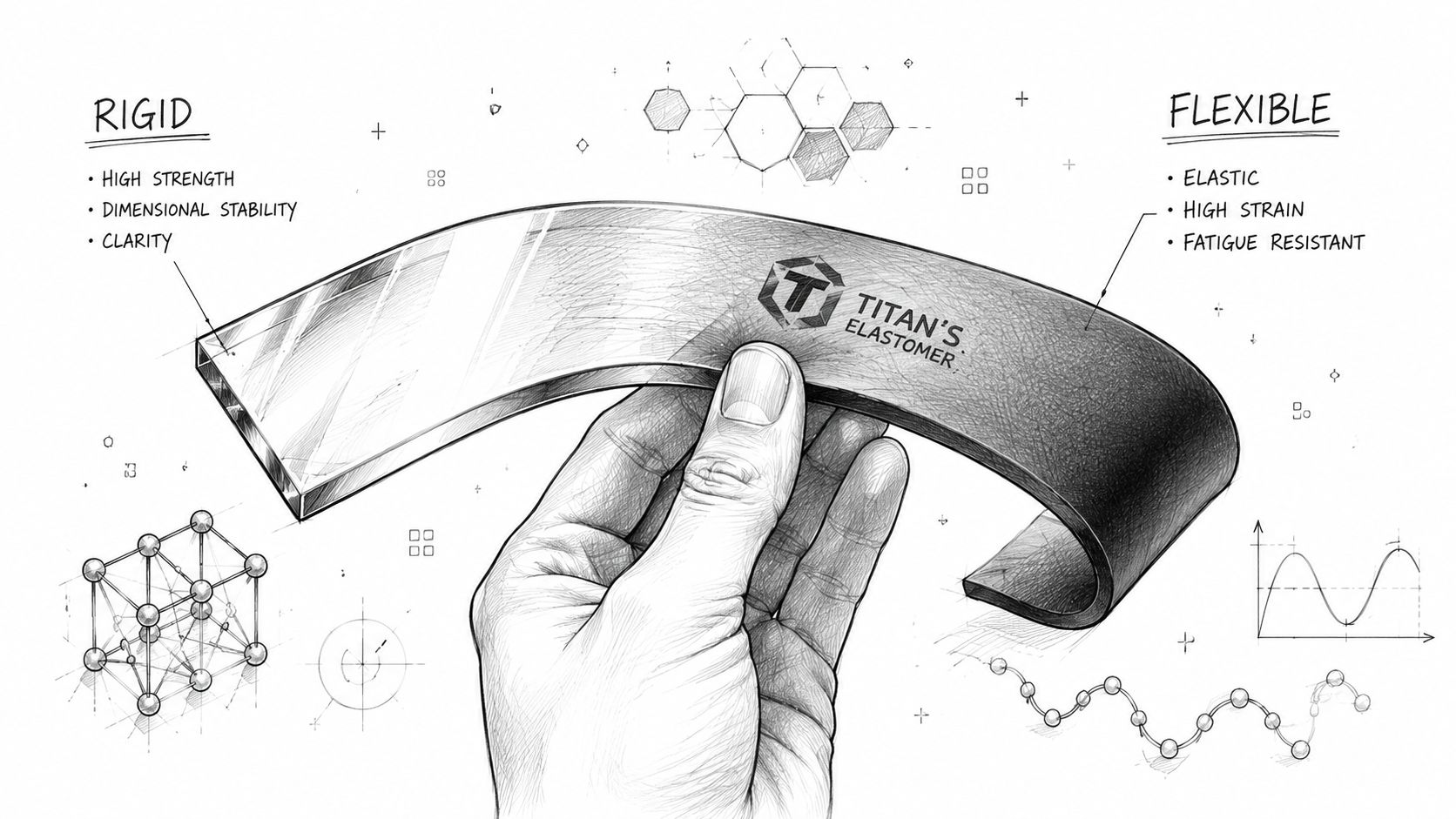 A pencil sketch shows a hand holding a curved material labeled as Titan's Elastomer with structural diagrams.