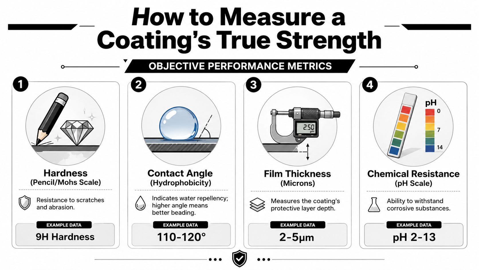 An infographic showing four key objective performance metrics used to measure the strength and durability of coatings.