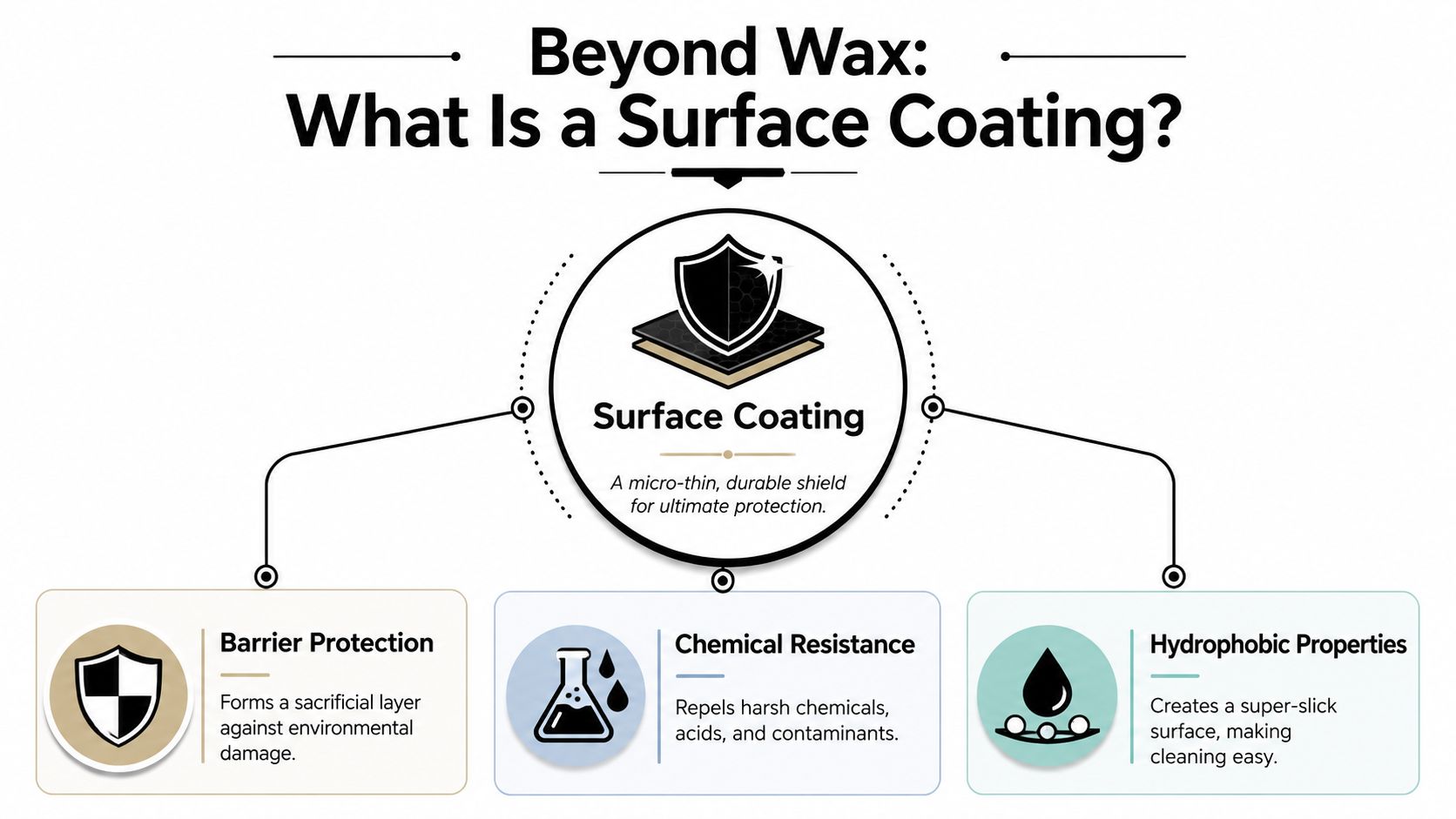 An infographic defining a surface coating as a micro-thin, durable shield providing protection, chemical resistance, and hydrophobic properties.