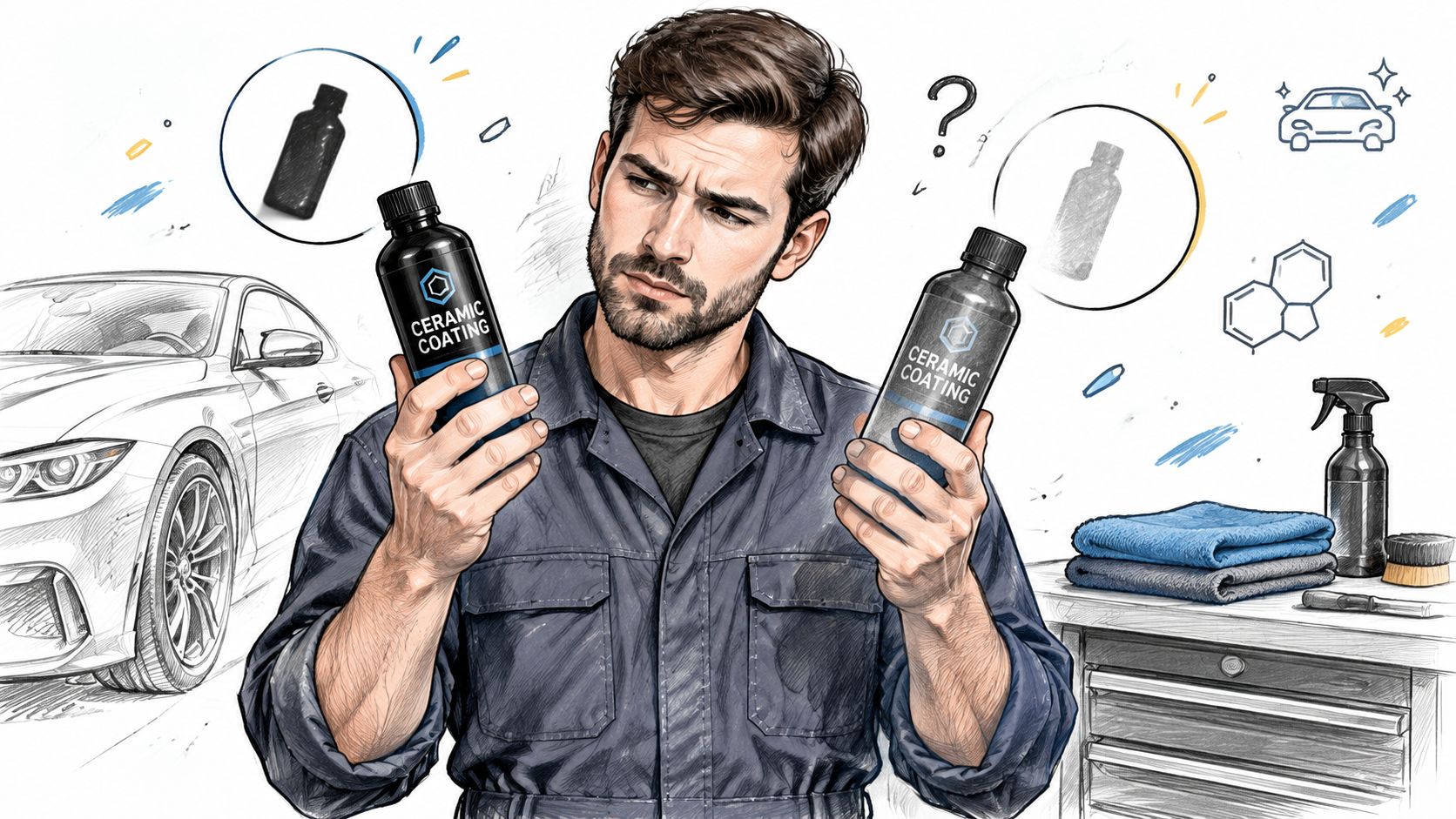 A man in a garage uniform comparing two bottles of ceramic coating for car paint protection.