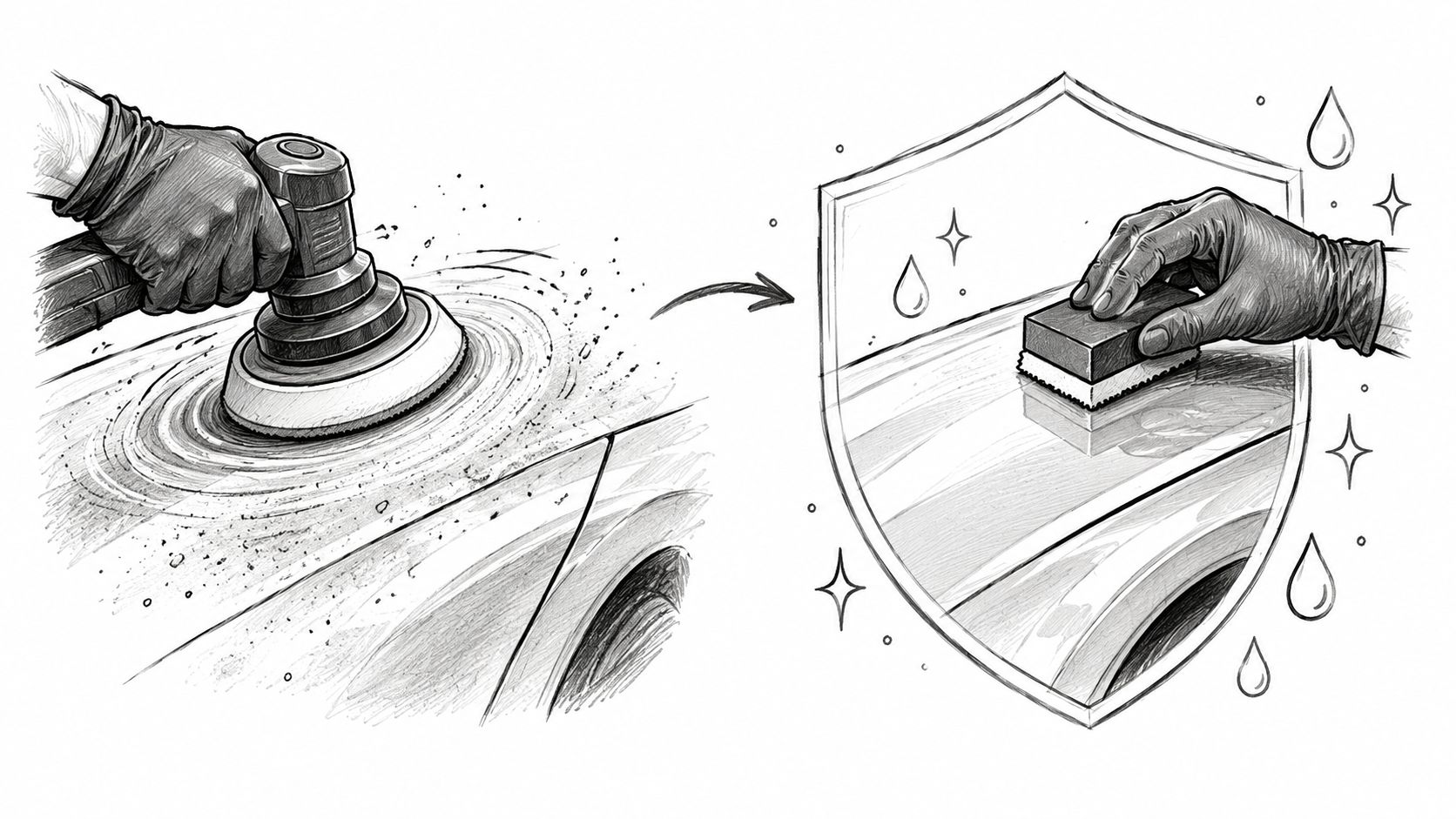 A black and white line drawing illustrating the process of car polishing followed by protective coating application.