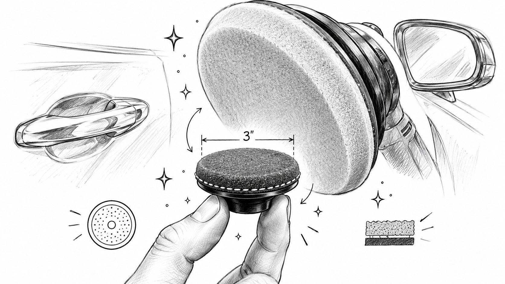 A hand holding a 3-inch foam polishing pad next to an automotive polisher and car door handle.