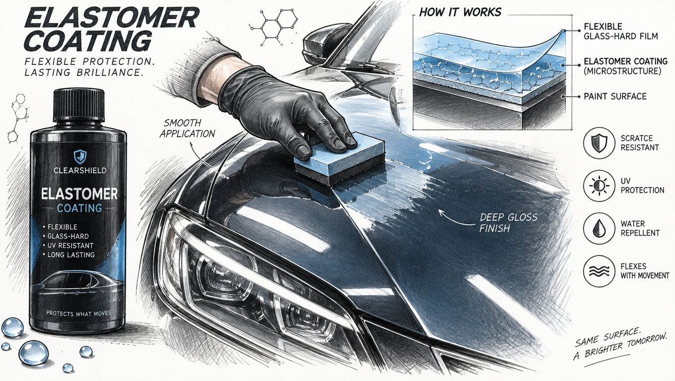 A hand in a black glove applies a bottle of elastomer car coating to a vehicle hood.