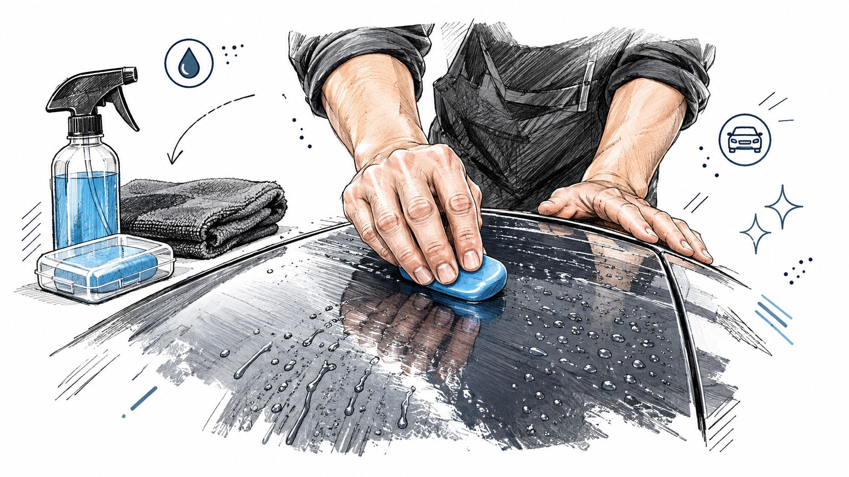 A person uses a blue clay bar to clean and detail a sleek, dark-colored car hood.