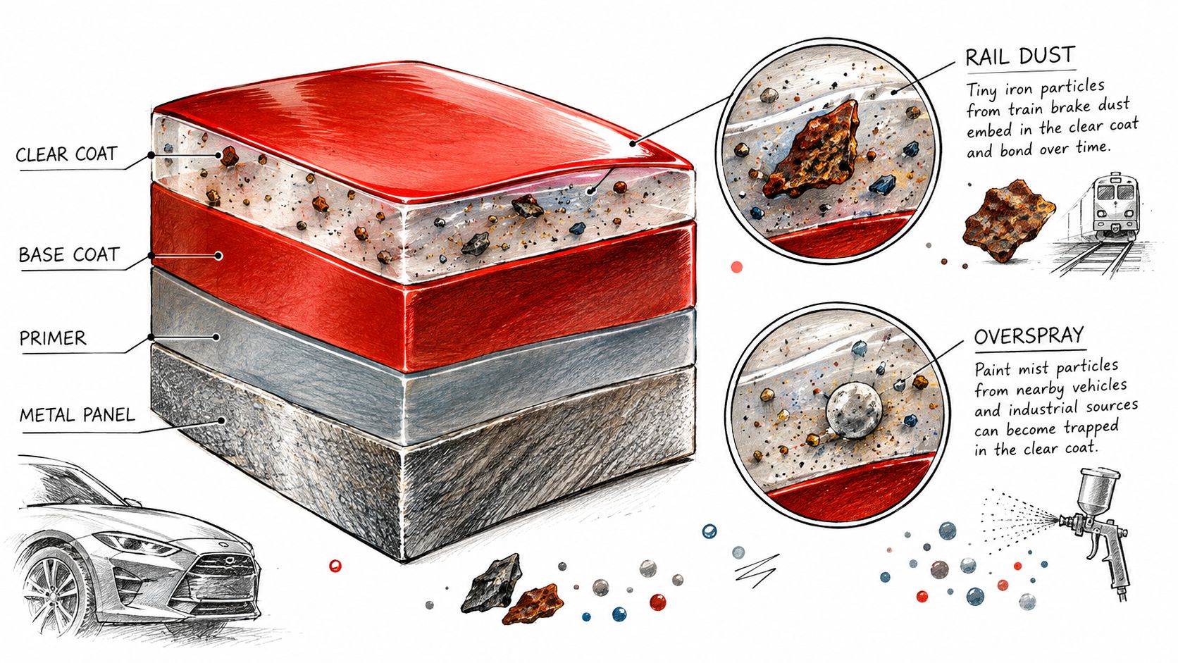 A diagram showing automotive paint layers with rail dust and overspray contamination on a car panel.