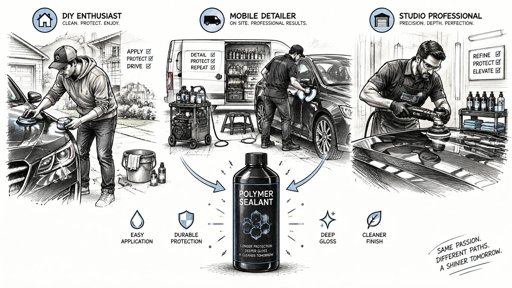 A marketing illustration showing three different users of polymer car sealant including a DIY enthusiast, mobile detailer, and studio professional.
