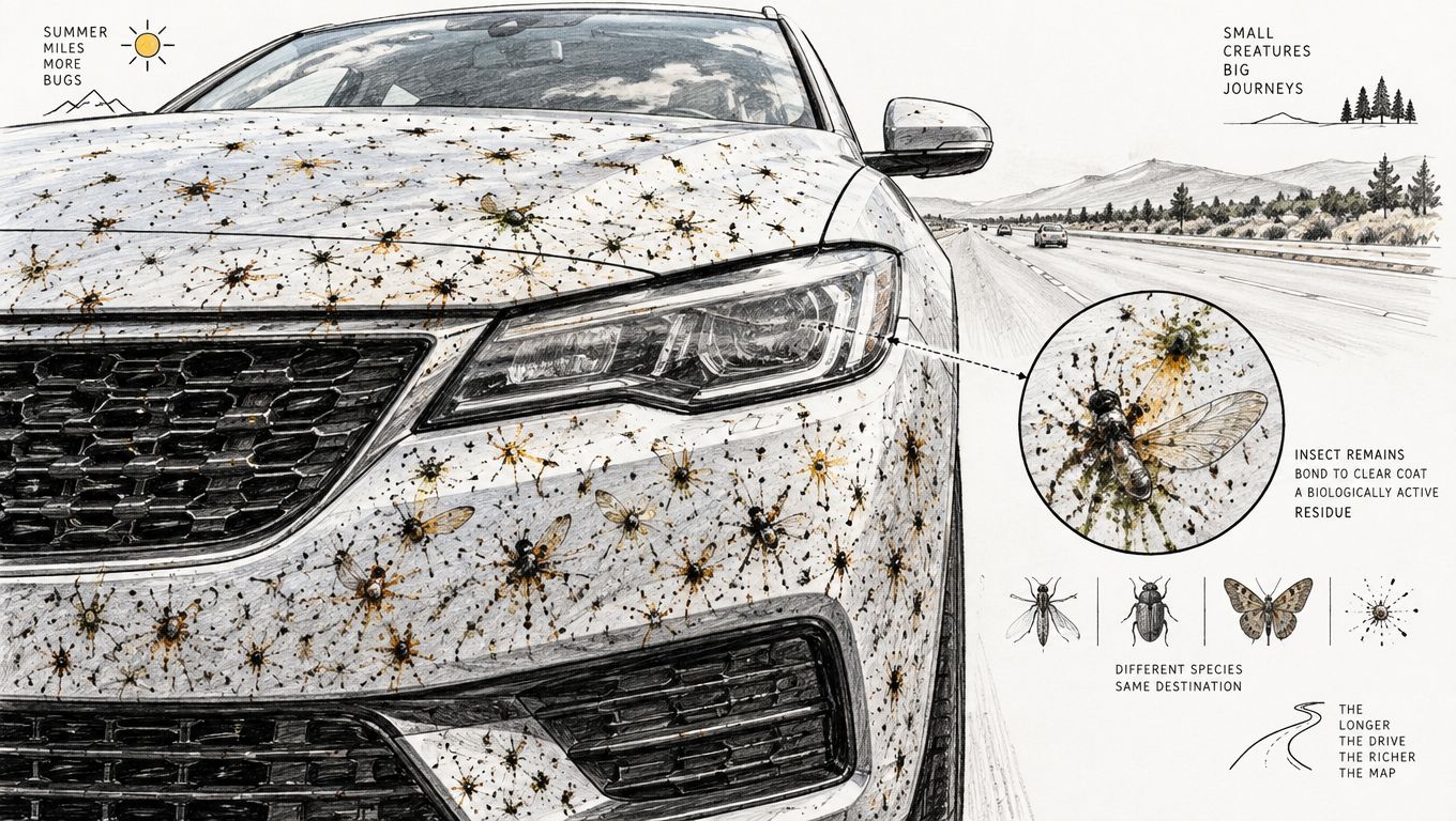 A detailed drawing of a car covered in insect remains, illustrating the biological impact of summer driving.
