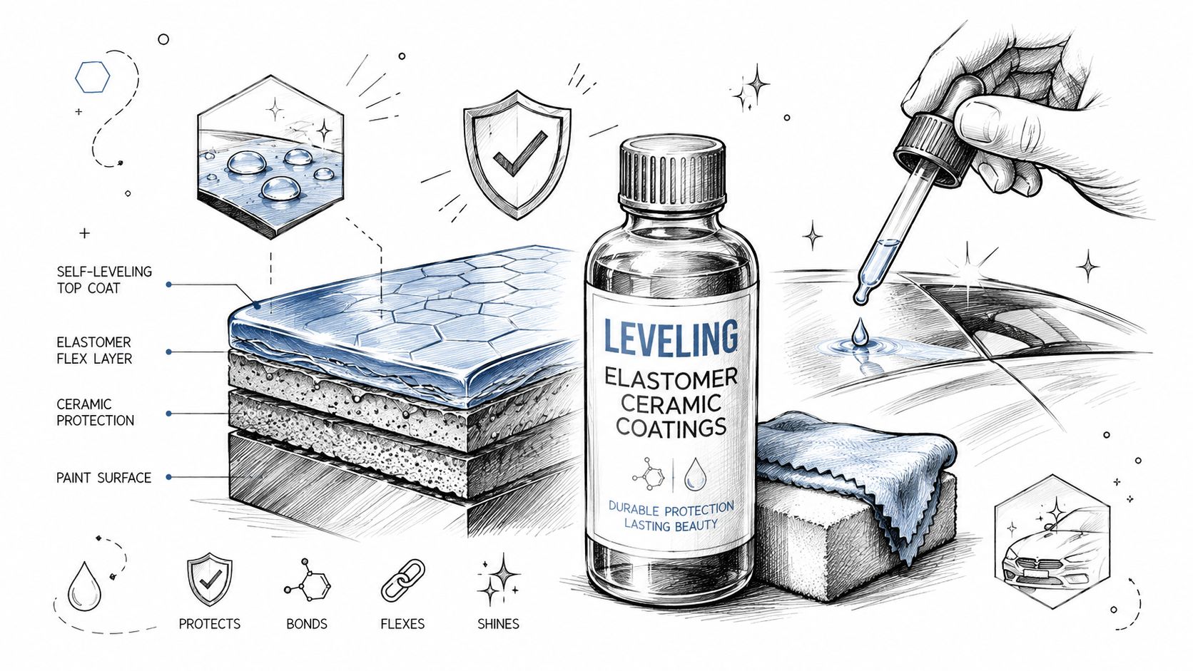 A detailed technical illustration showing the layers of an elastomer ceramic car coating applied to a surface.