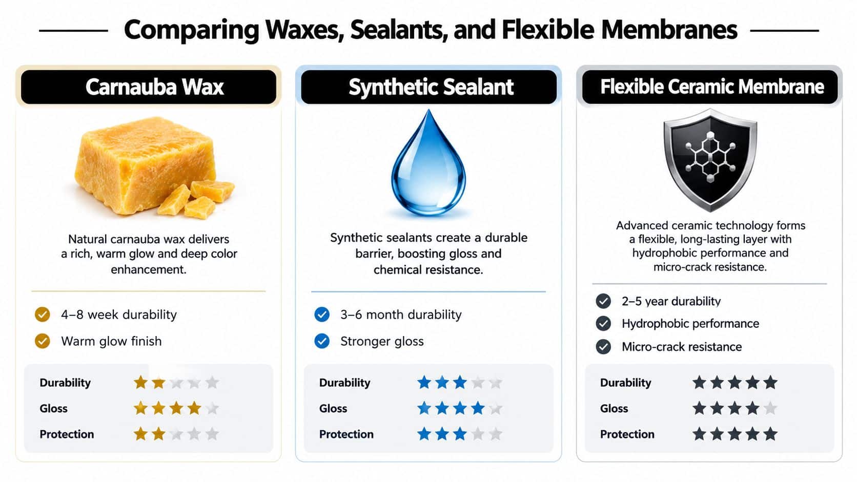A comparison chart showing features and performance ratings for carnauba wax, synthetic sealant, and flexible ceramic membrane coatings.