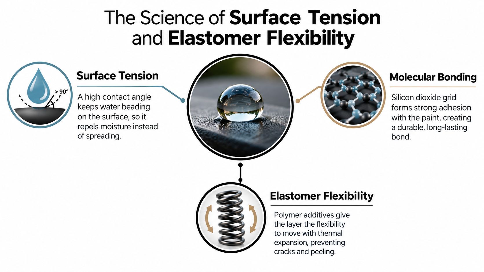 A diagram explaining ceramic auto detailing concepts, including surface tension, molecular bonding, and elastomer flexibility in protective coatings.