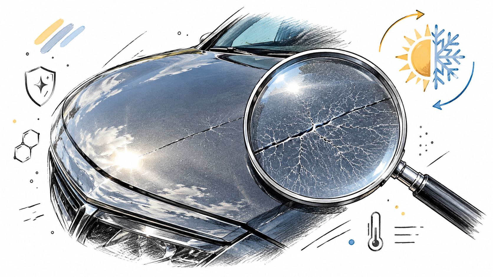 A magnifying glass inspecting cracked paint on a vehicle hood, representing ceramic coating protection and durability.
