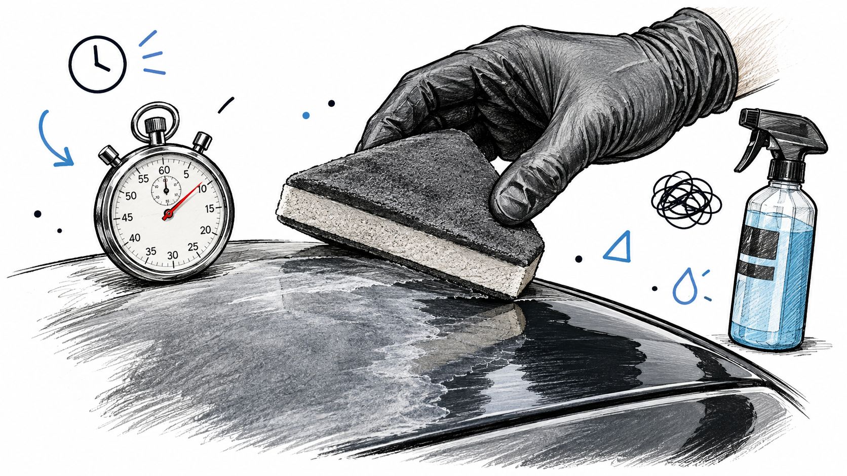 A gloved hand uses a foam applicator block to apply ceramic coating to a car surface.