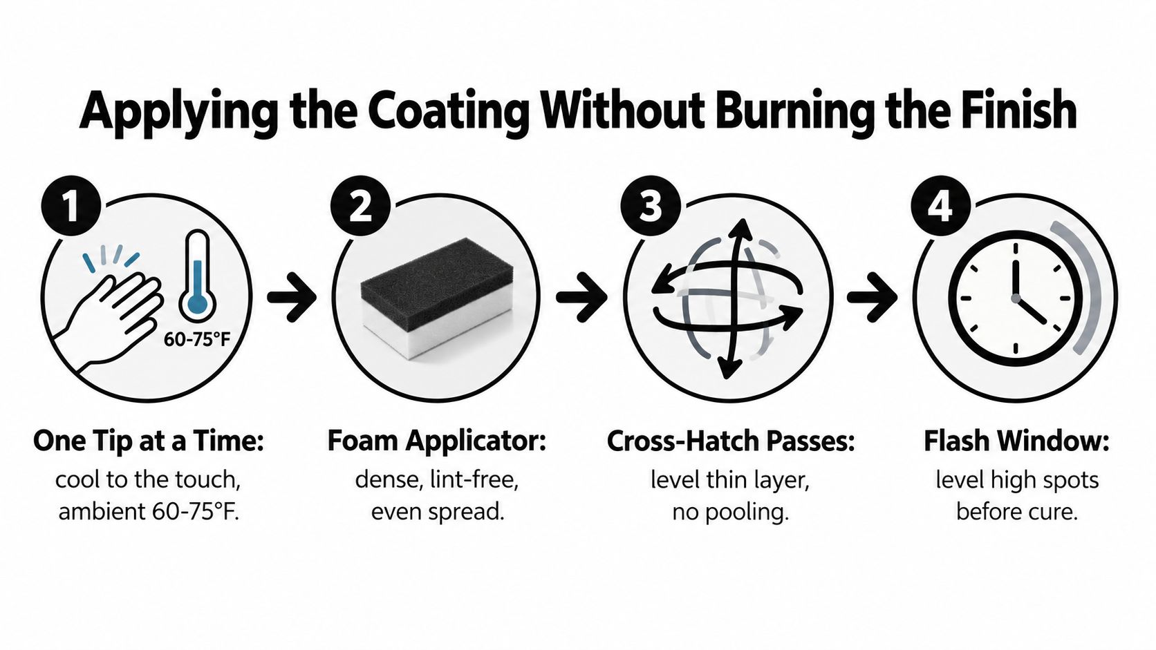 A four-step instructional infographic showing how to safely apply a protective coating to vehicle exhaust tips.