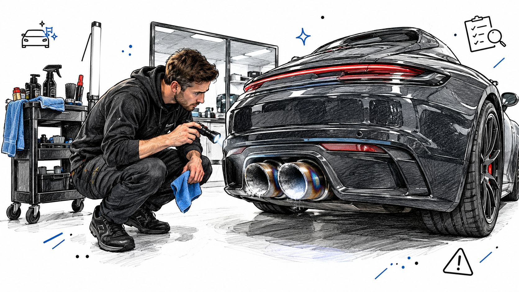 A professional technician carefully inspects the exhaust tips of a luxury sports car using a flashlight.