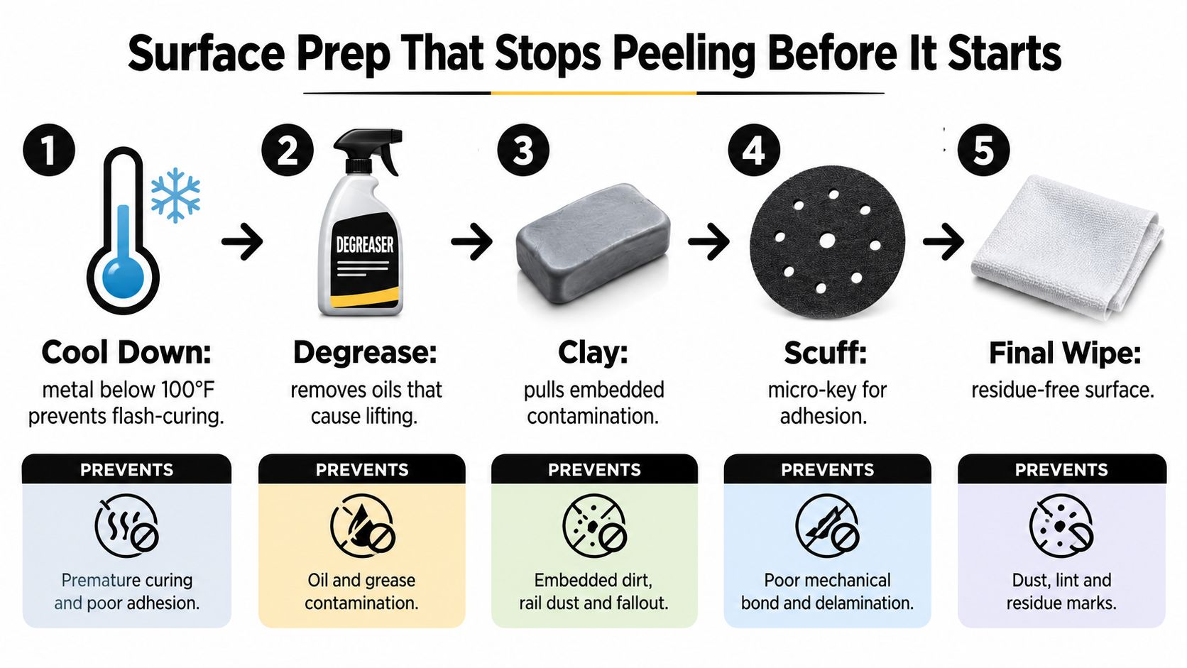 A five-step infographic showing surface preparation methods to prevent peeling on metal surfaces like exhaust tips.
