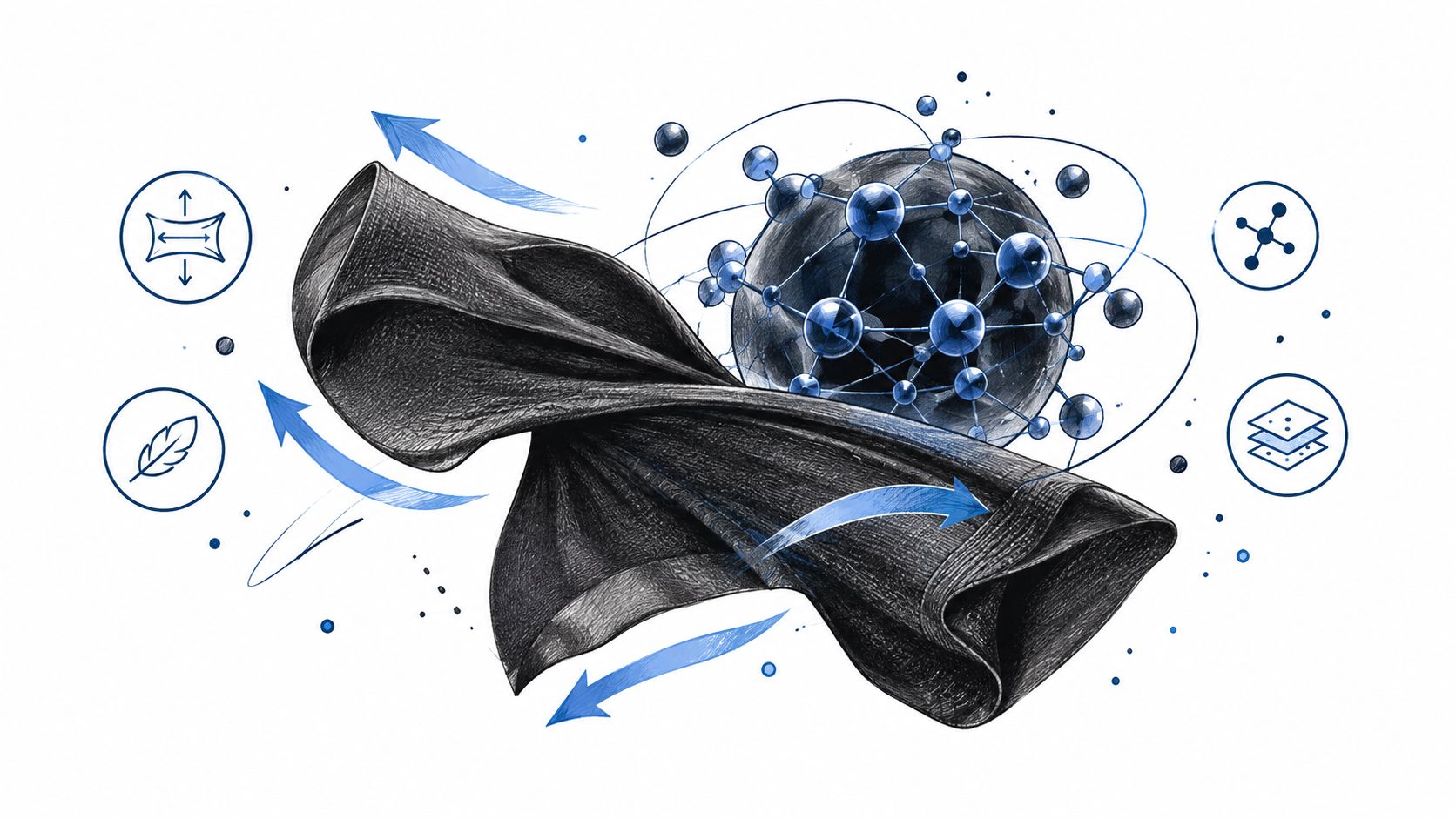 A digital illustration representing fabric technology with a dark garment, blue arrows, and molecular structure icons.