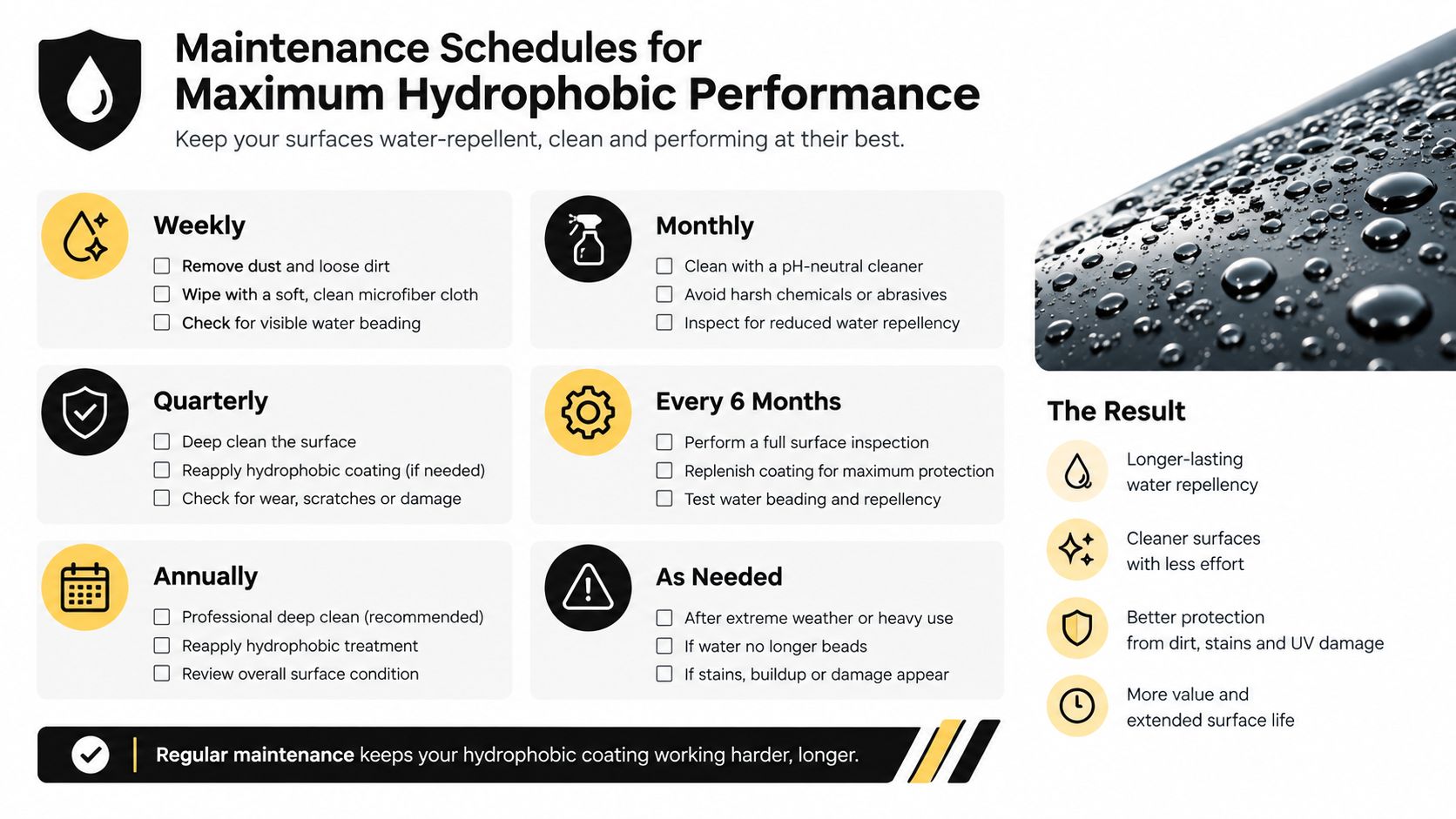 An infographic detailing a maintenance schedule for hydrophobic surfaces with tips for weekly, monthly, and yearly upkeep.