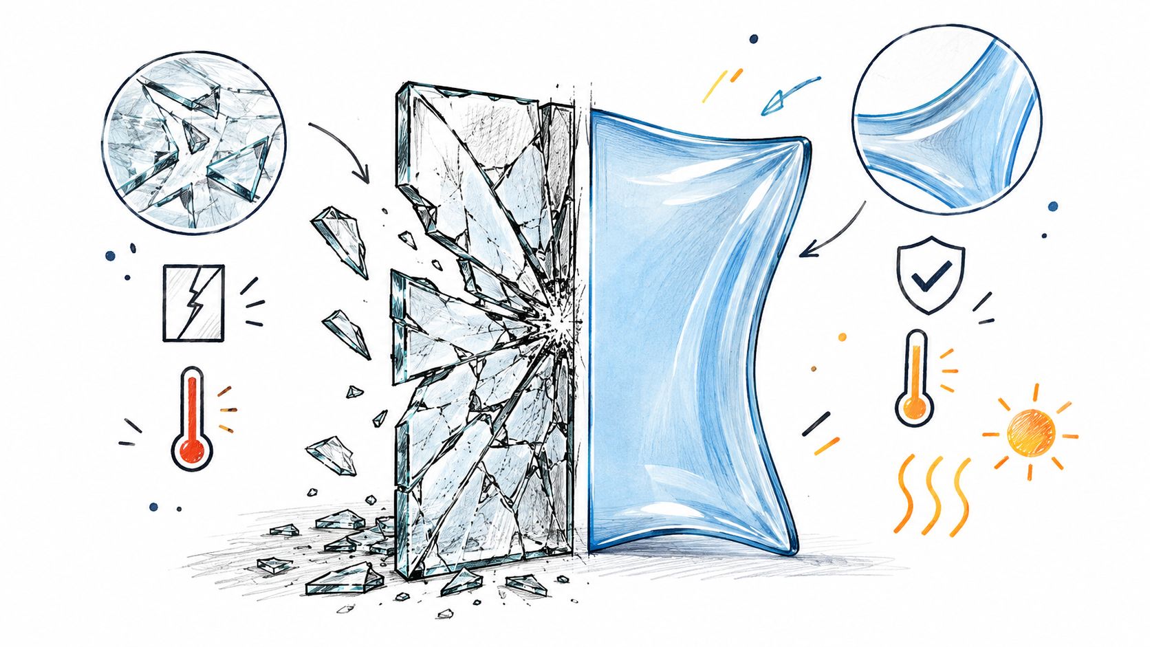 A split illustration comparing a shattered glass pane on the left with a protected, impact-resistant surface.