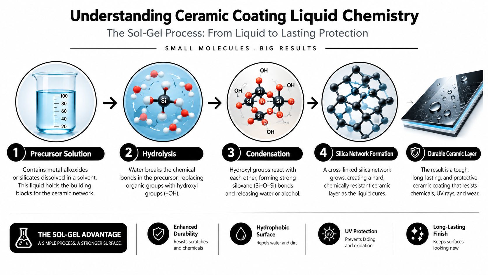 A diagram illustrating the four-step chemical process of creating a protective ceramic coating on a surface.