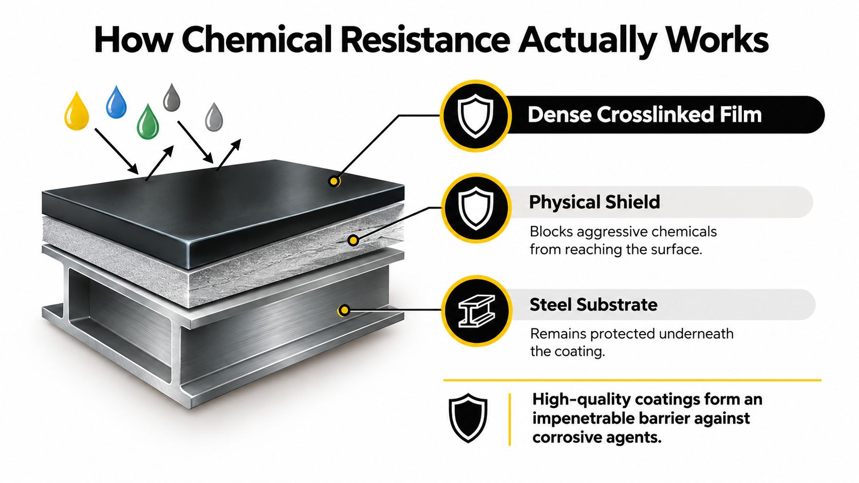 A diagram illustrating how a chemical resistant coating acts as a protective shield for steel structures.