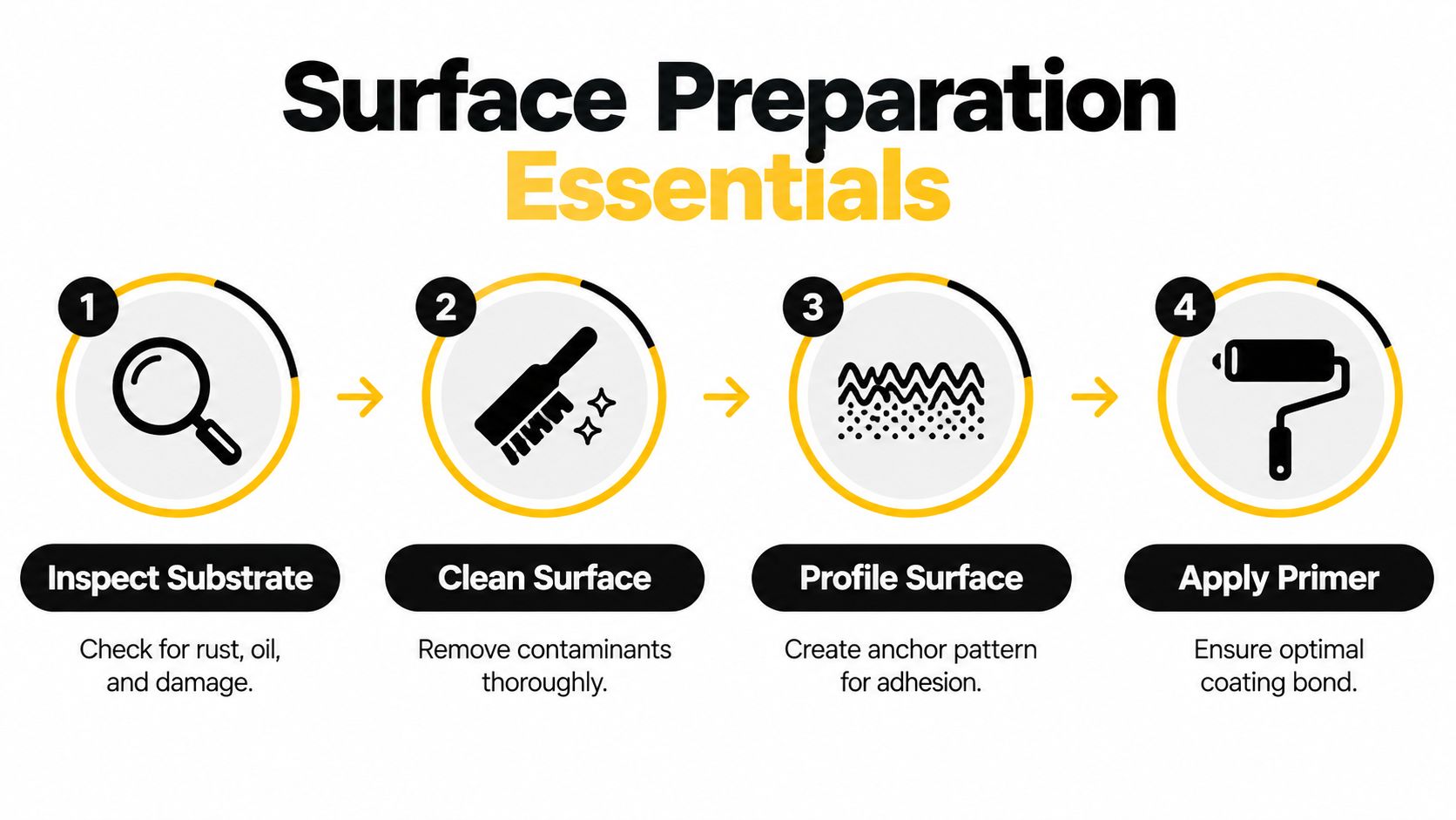 A four-step infographic illustrating essential surface preparation steps for industrial coatings including inspection, cleaning, profiling, and priming.