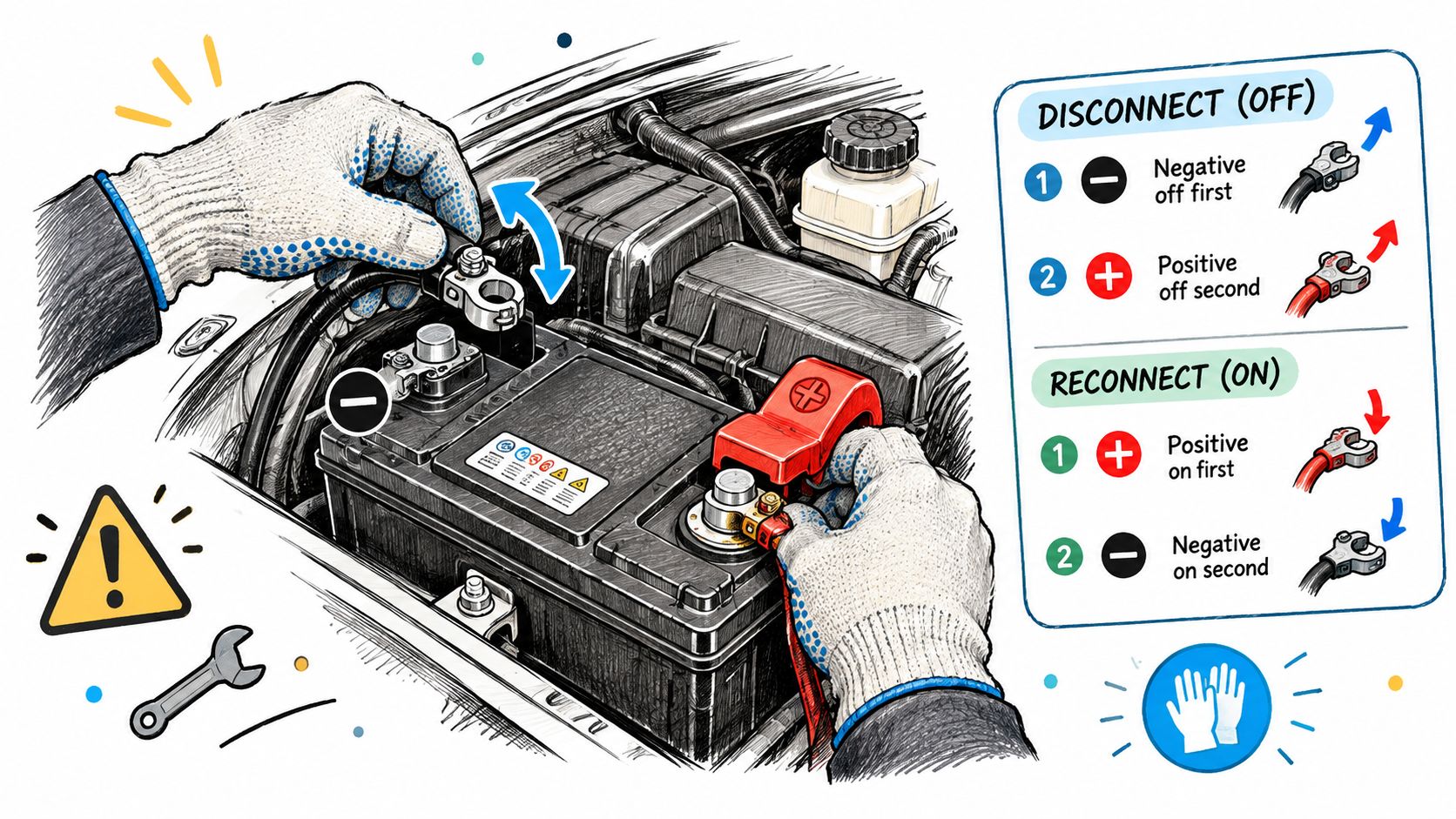 A diagram demonstrating the safe and correct procedure for disconnecting and reconnecting a car battery.