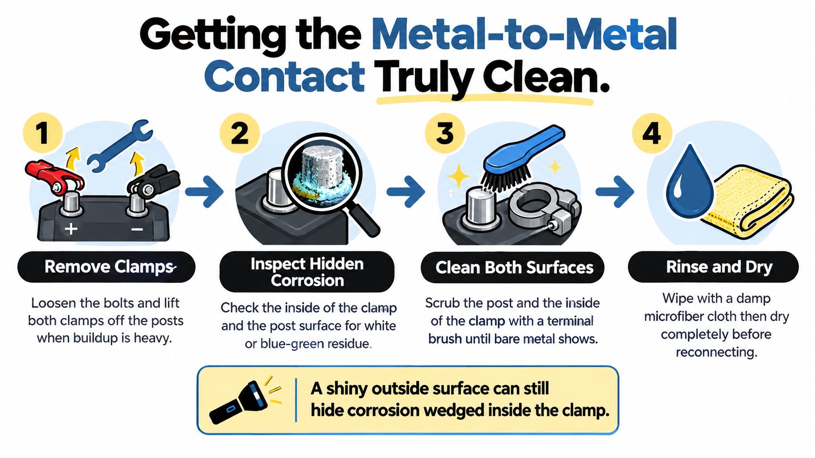 An infographic showing four steps to clean car battery terminals for better electrical contact and performance.