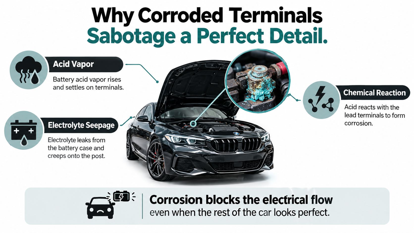 A diagram explaining how acid vapor and electrolyte seepage cause corrosion on car battery terminals, blocking electricity.