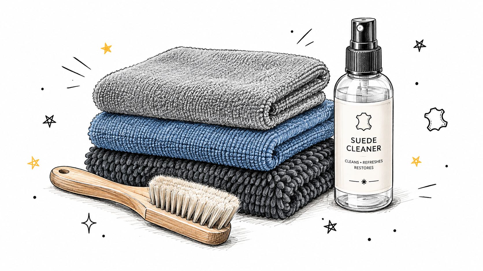 A stack of three cleaning cloths beside a wooden brush and a bottle of suede cleaning spray.