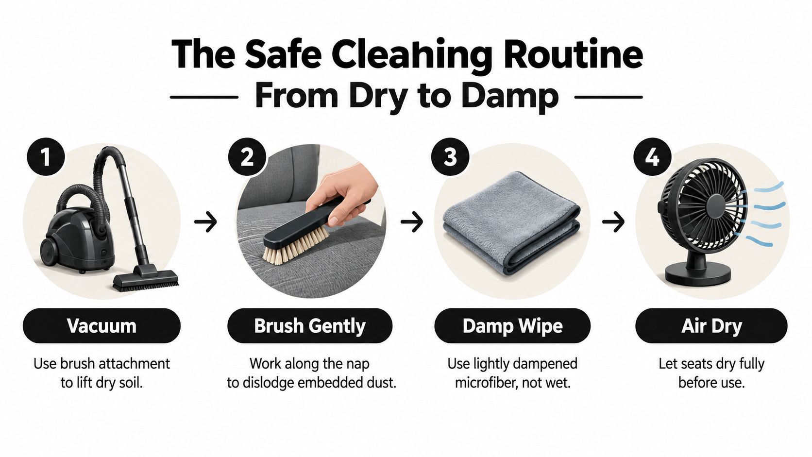 A four-step guide on how to safely clean suede car seats using a vacuum, brush, and microfiber cloth.