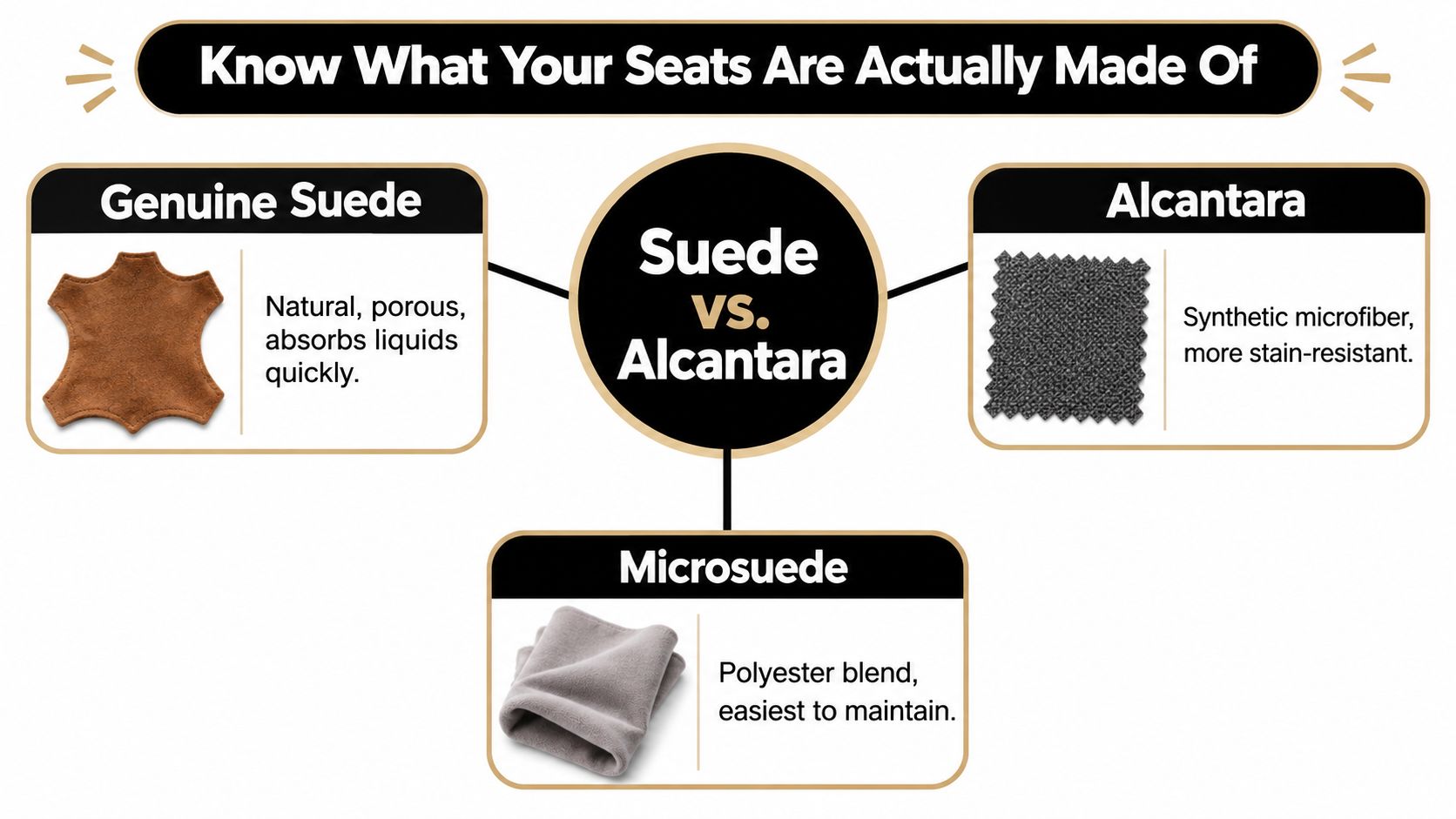A comparison infographic detailing the differences between genuine suede, Alcantara, and microsuede materials for car seats.