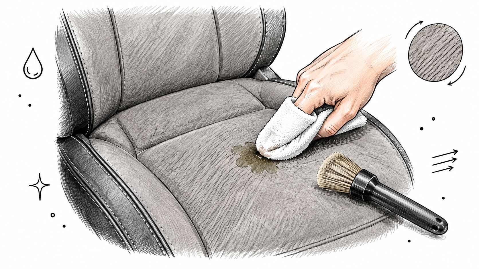 A hand using a white microfiber cloth to clean a stain on grey suede car upholstery.