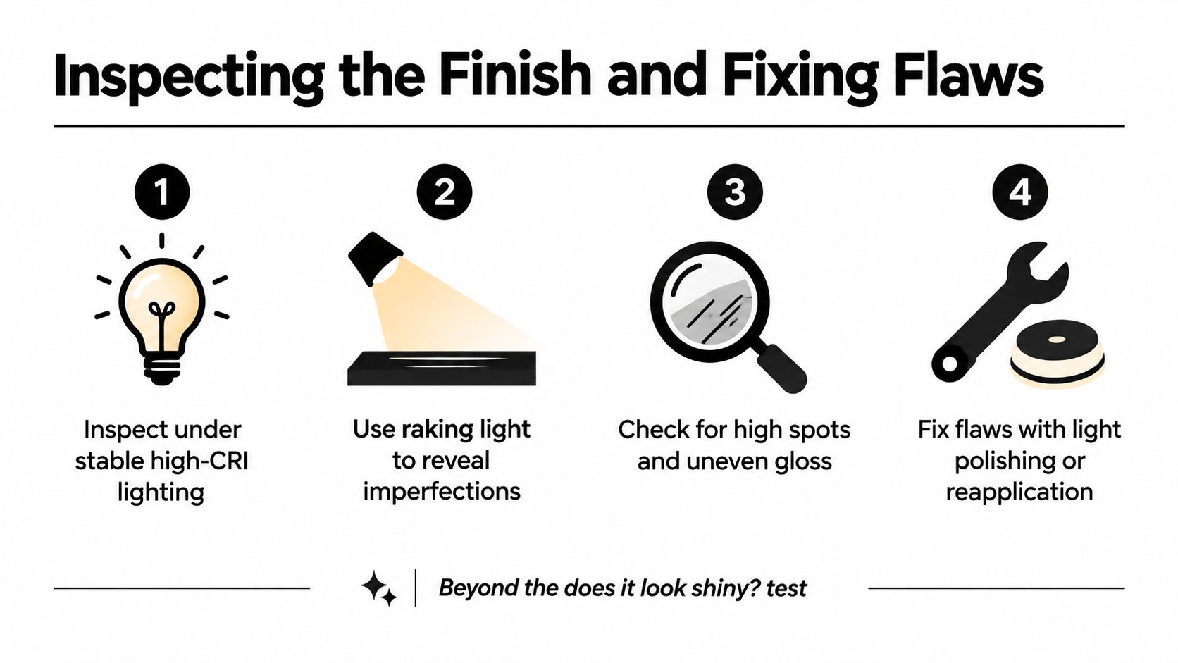 An infographic showing four numbered steps for inspecting and fixing a finish on a surface.