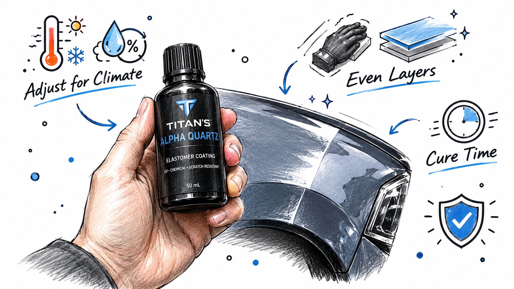 A hand holding a bottle of Titan's Alpha Quartz coating with instructional icons for car surface application.
