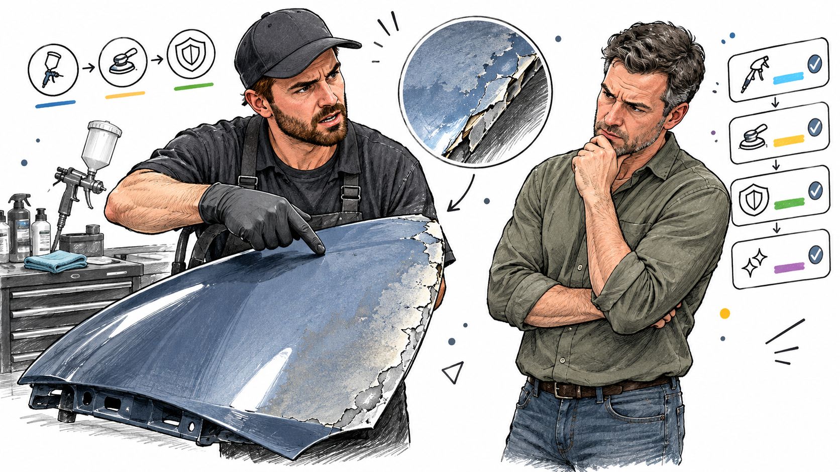 A technician explaining the paint repair process on a damaged car hood to a concerned customer.