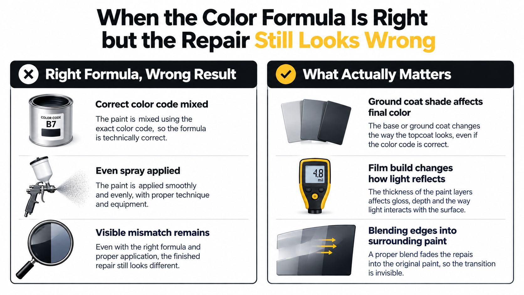 An infographic explaining why automotive paint repairs might have color mismatches despite using the correct formula.