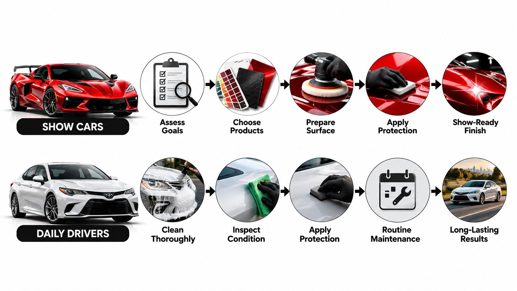 A comparison chart showing car detailing processes for high-end show cars versus regular daily driver vehicles.