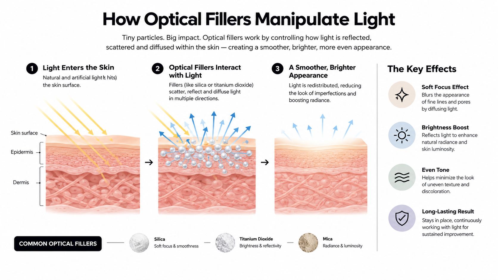 An infographic showing how skin optical fillers use light reflection and diffusion to improve skin appearance.