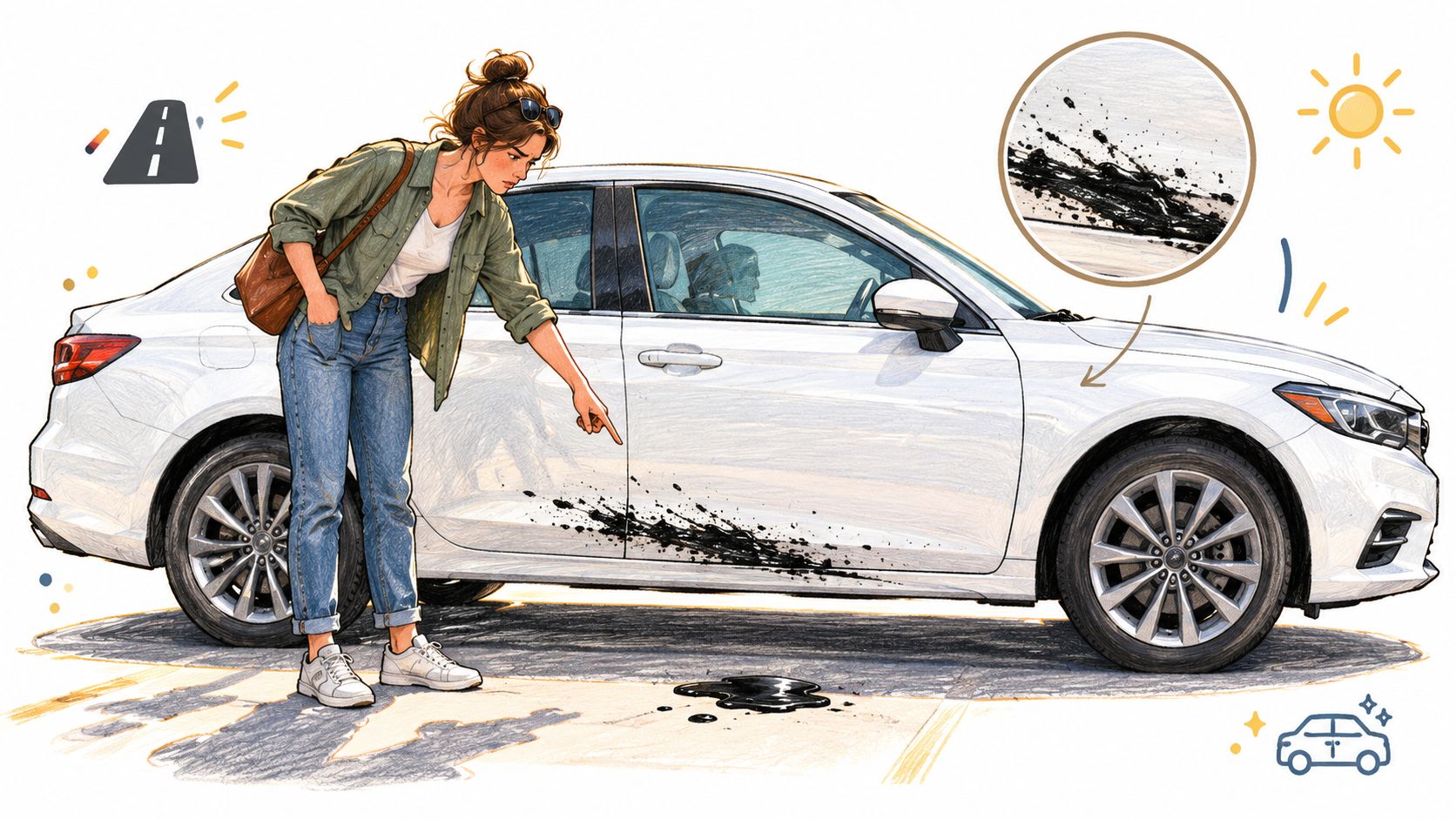 A young woman pointing at fresh black tar splatters on the side of her white car.