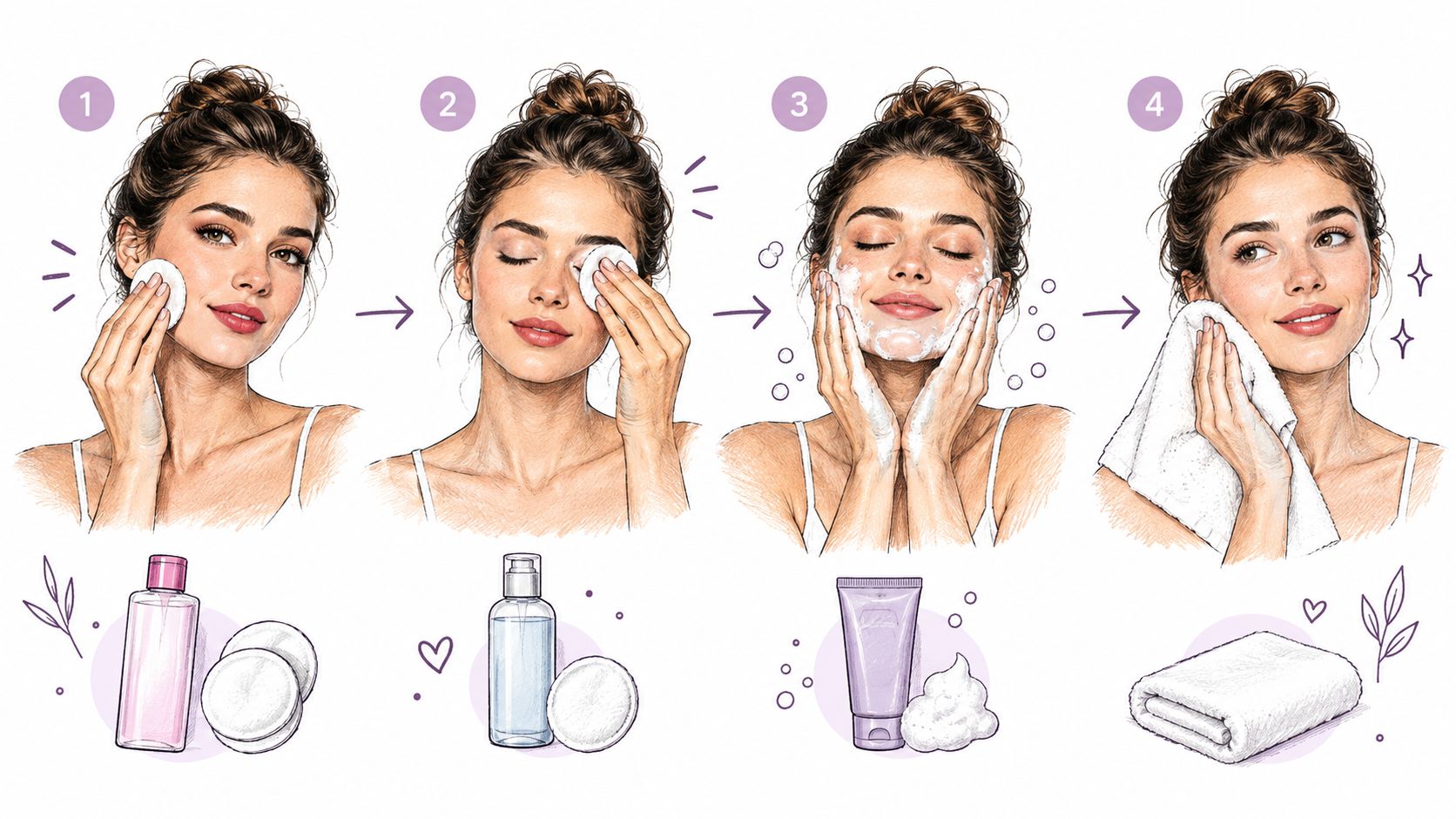 A four-step skincare routine illustration showing a woman cleaning her face with cotton pads, cleanser, and a towel.