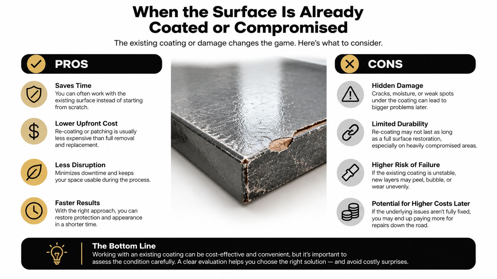 An infographic titled When the Surface Is Already Coated or Compromised, highlighting pros and cons of surface repair.