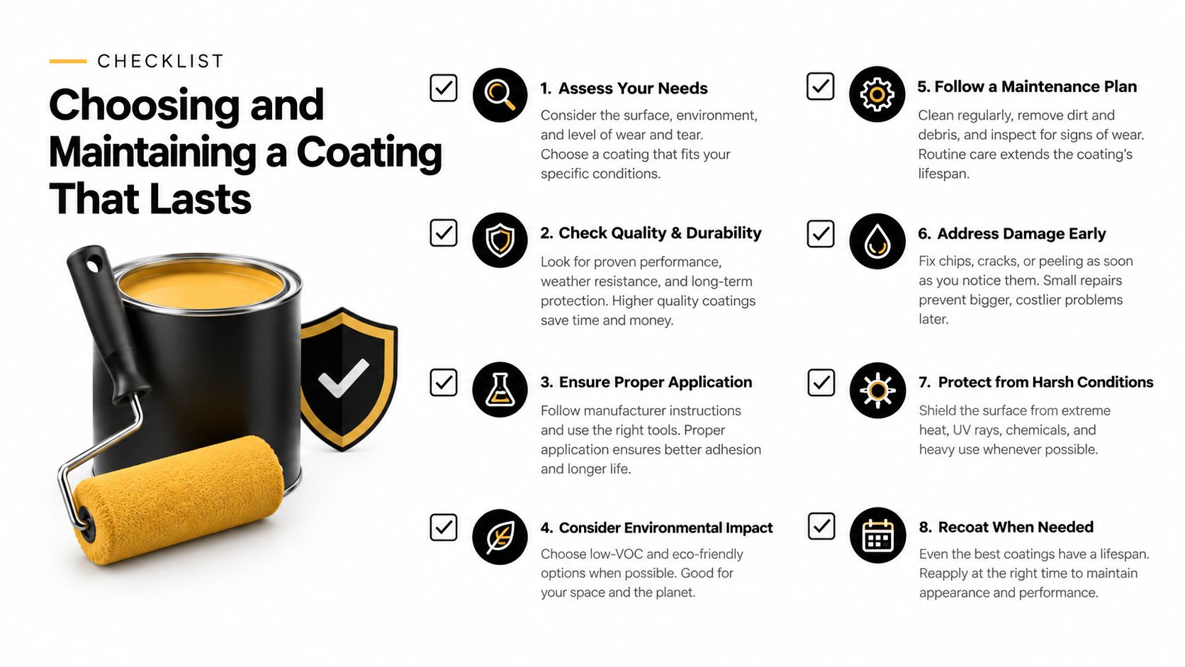 A checklist infographic titled Choosing and Maintaining a Coating That Lasts, featuring eight essential maintenance steps.