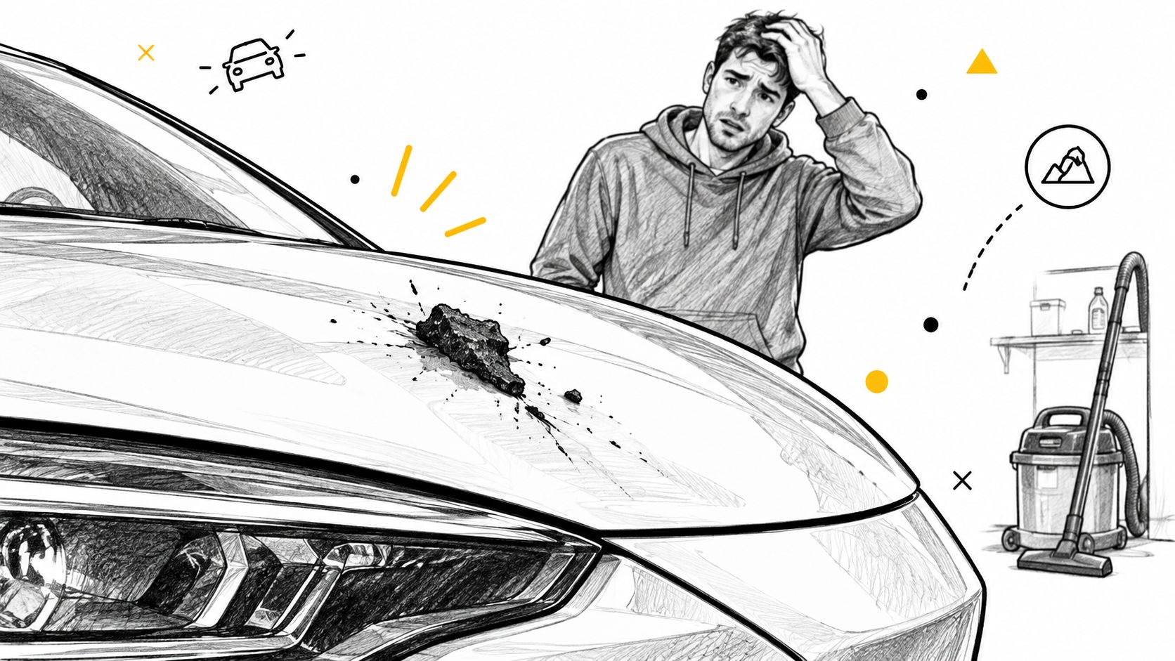 A sketched illustration showing a distressed man looking at a large piece of tar on his car hood.