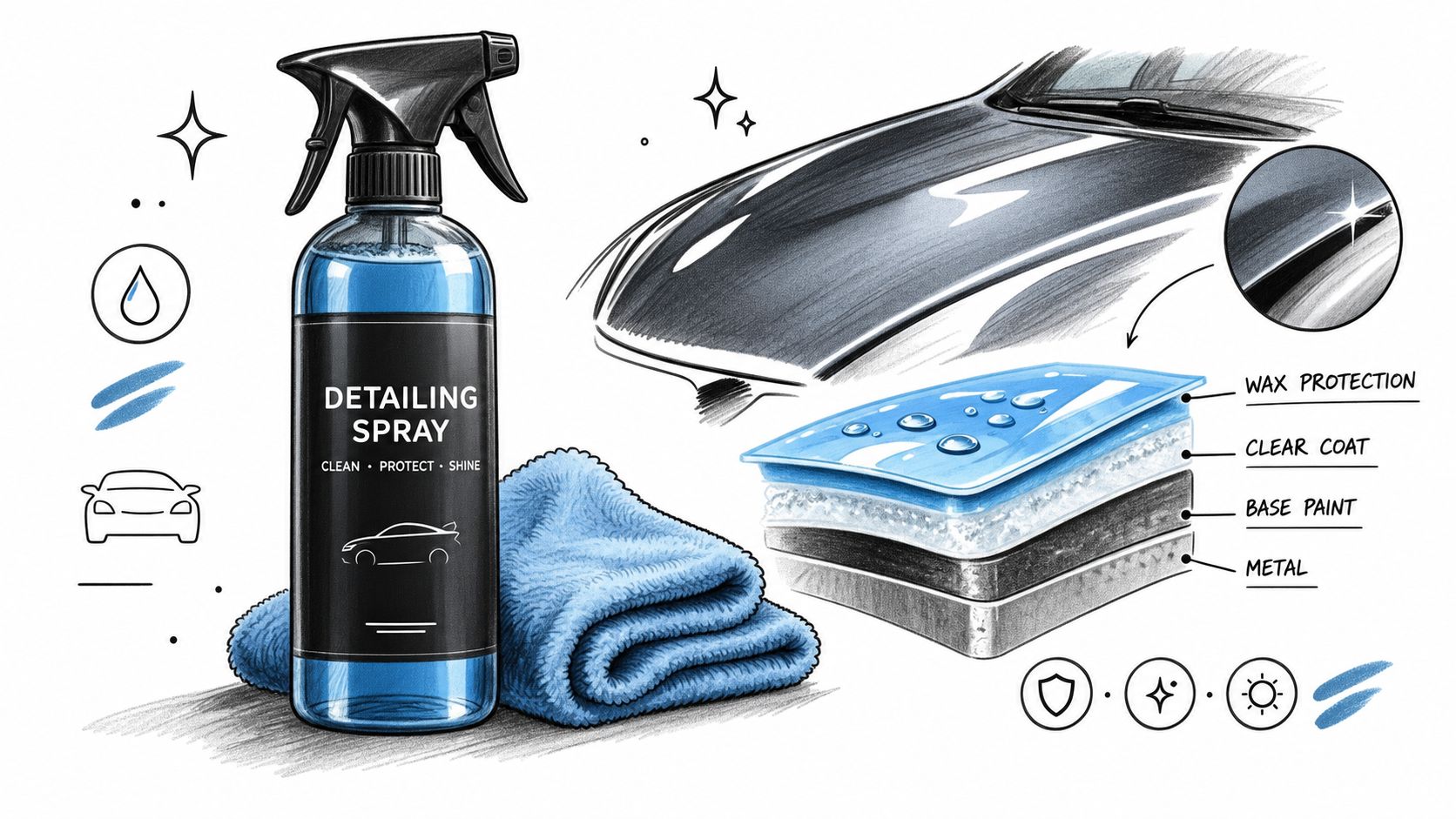 A detailed illustration showing car detailing spray, a microfiber cloth, and a cross-section of car paint layers.