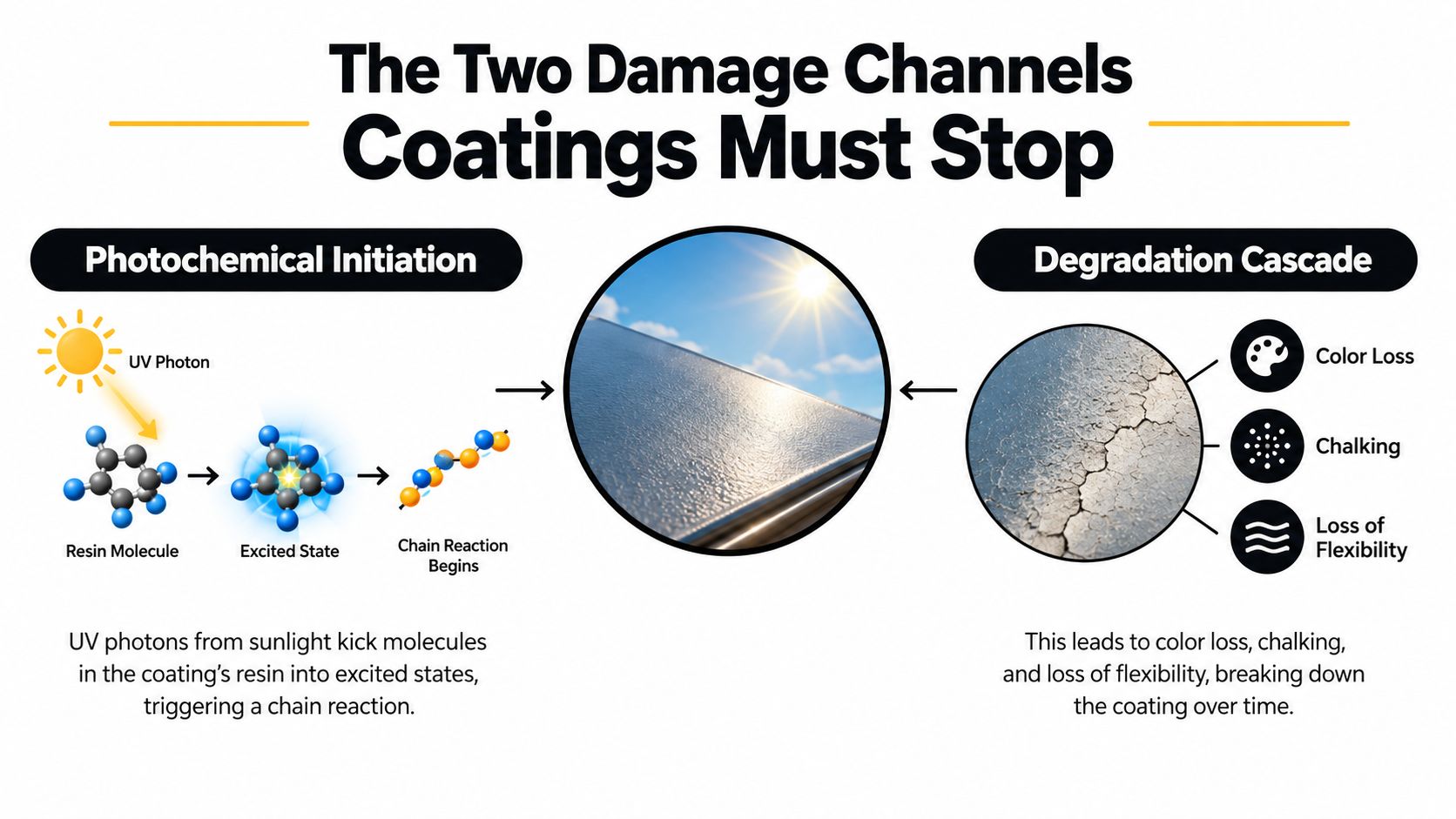 A diagram illustrating how UV photons cause chemical degradation in coating resins, leading to damage like chalking.