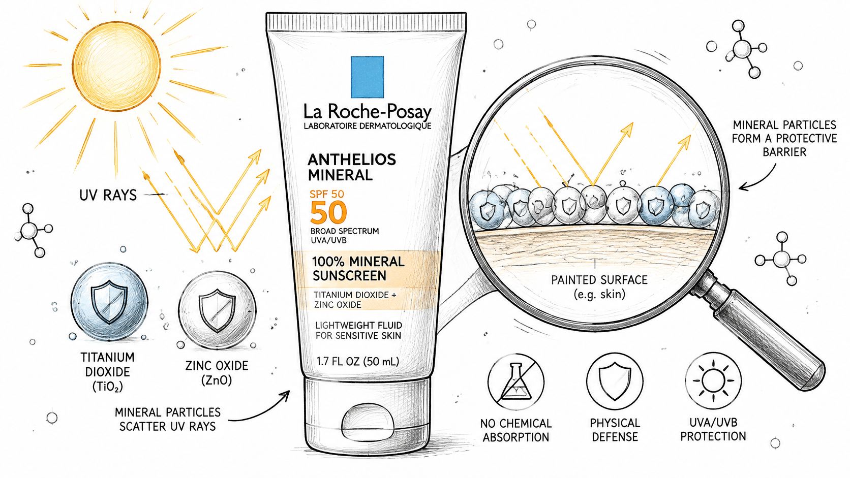A diagram illustrating how La Roche-Posay mineral sunscreen reflects UV rays using titanium dioxide and zinc oxide.